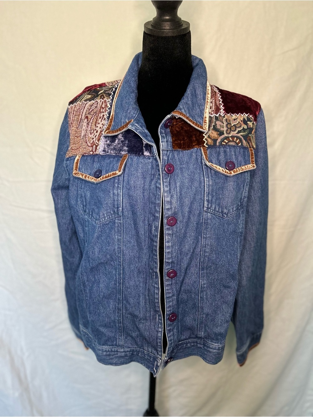 Hearts Of Palm Vintage Patchwork Velvet Tapestry Denim Jacket